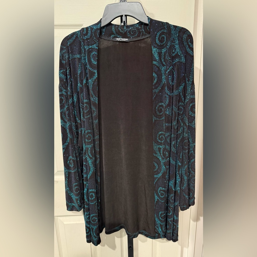 Softwear by Mark Singer Black and Teal Sparkly Swirl Patterned Cardigan